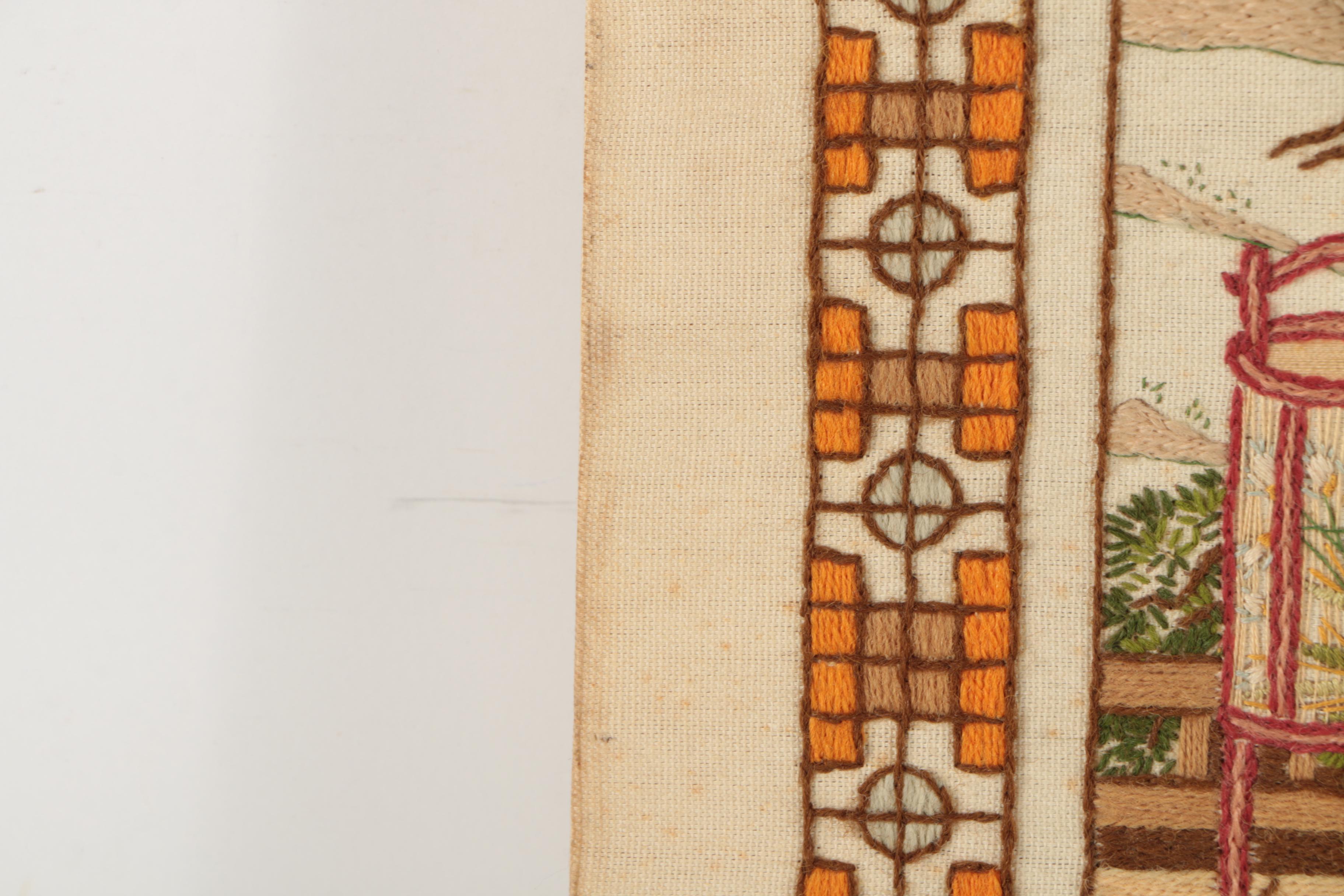 Japanese-Inspired Embroidery of a Man and Woman on a Porch