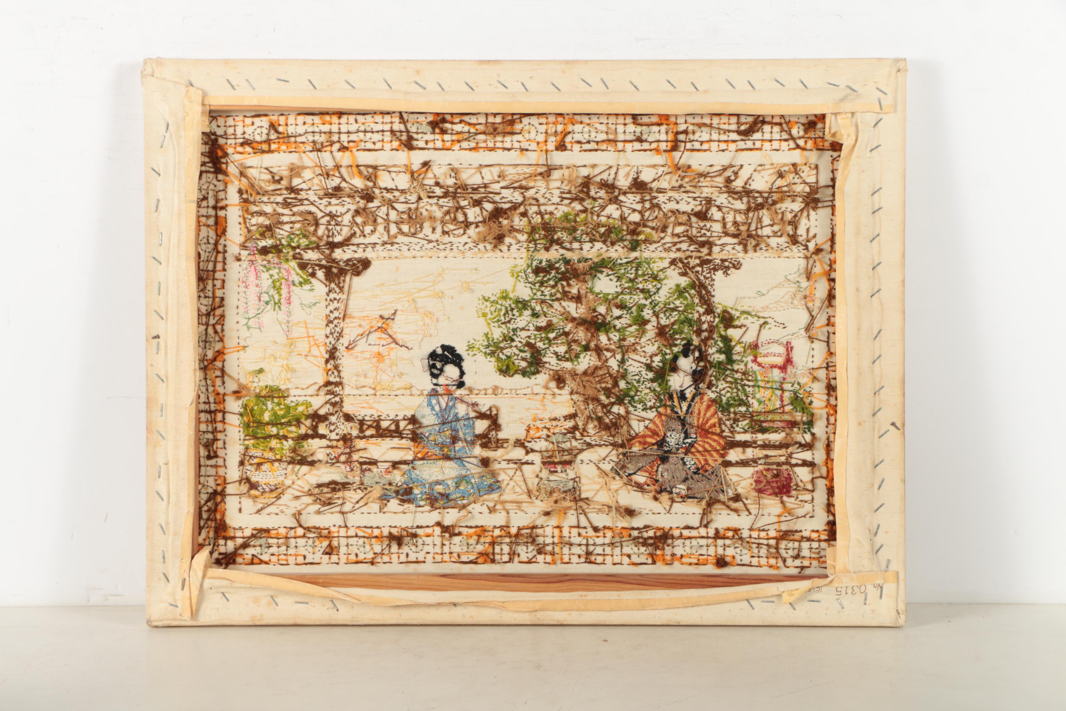 Japanese-Inspired Embroidery of a Man and Woman on a Porch