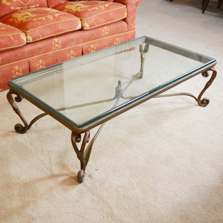 Glass and Bronze Tone Iron Coffee Table