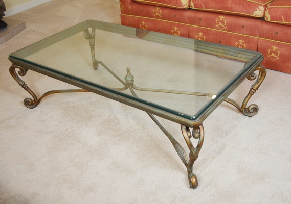 Glass and Bronze Tone Iron Coffee Table
