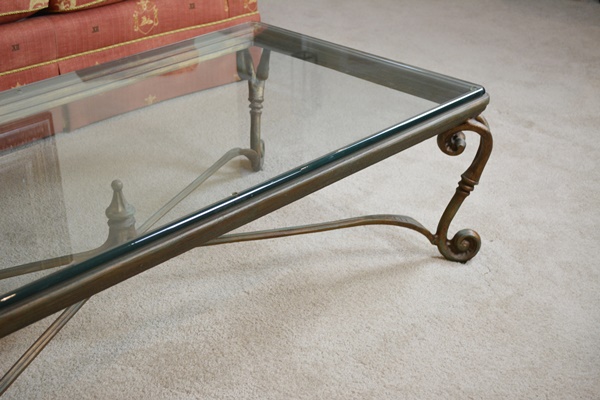 Glass and Bronze Tone Iron Coffee Table