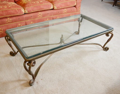 Glass and Bronze Tone Iron Coffee Table