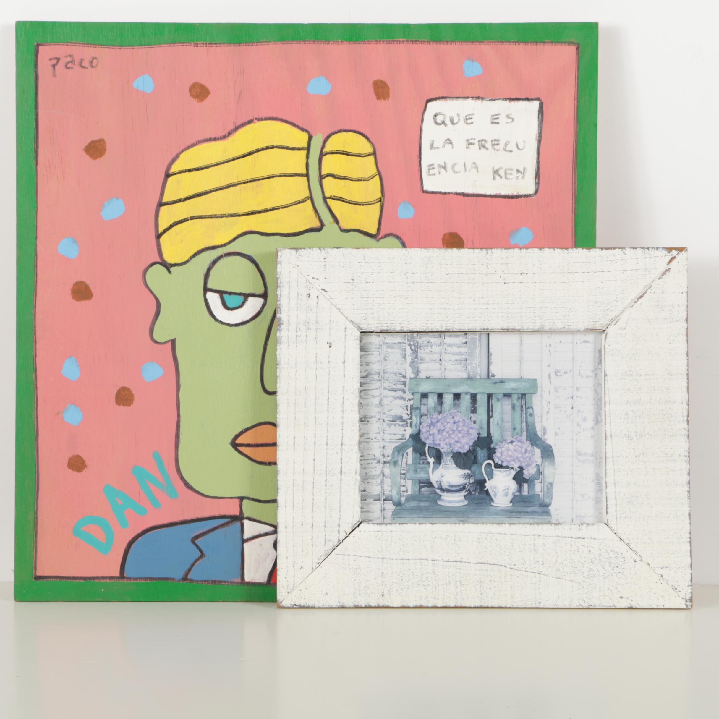 Paco Felici Acrylic Painting "Dan Rather" and Offset Lithograph of Flowers