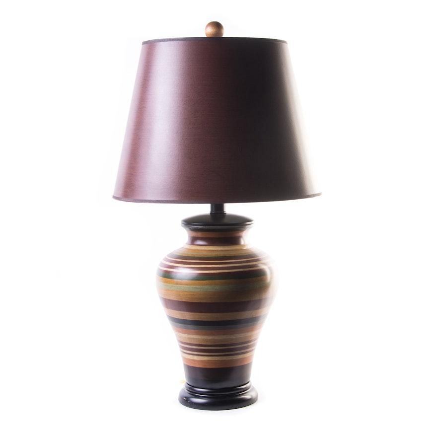Striped Ceramic Table Lamp with Wooden Finial