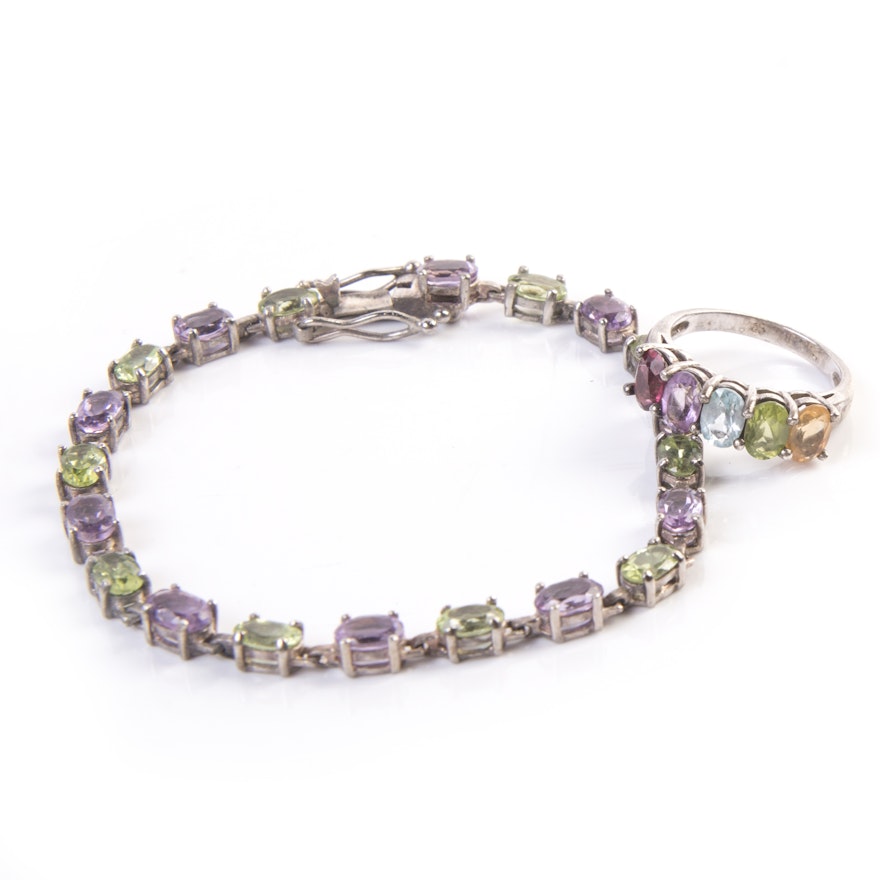 Sterling Silver Amethyst and Peridot Bracelet and Ring