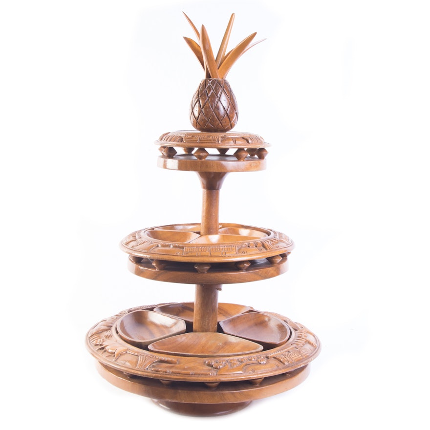 Hand Carved Wooden Pineapple Tiered Serving Tray