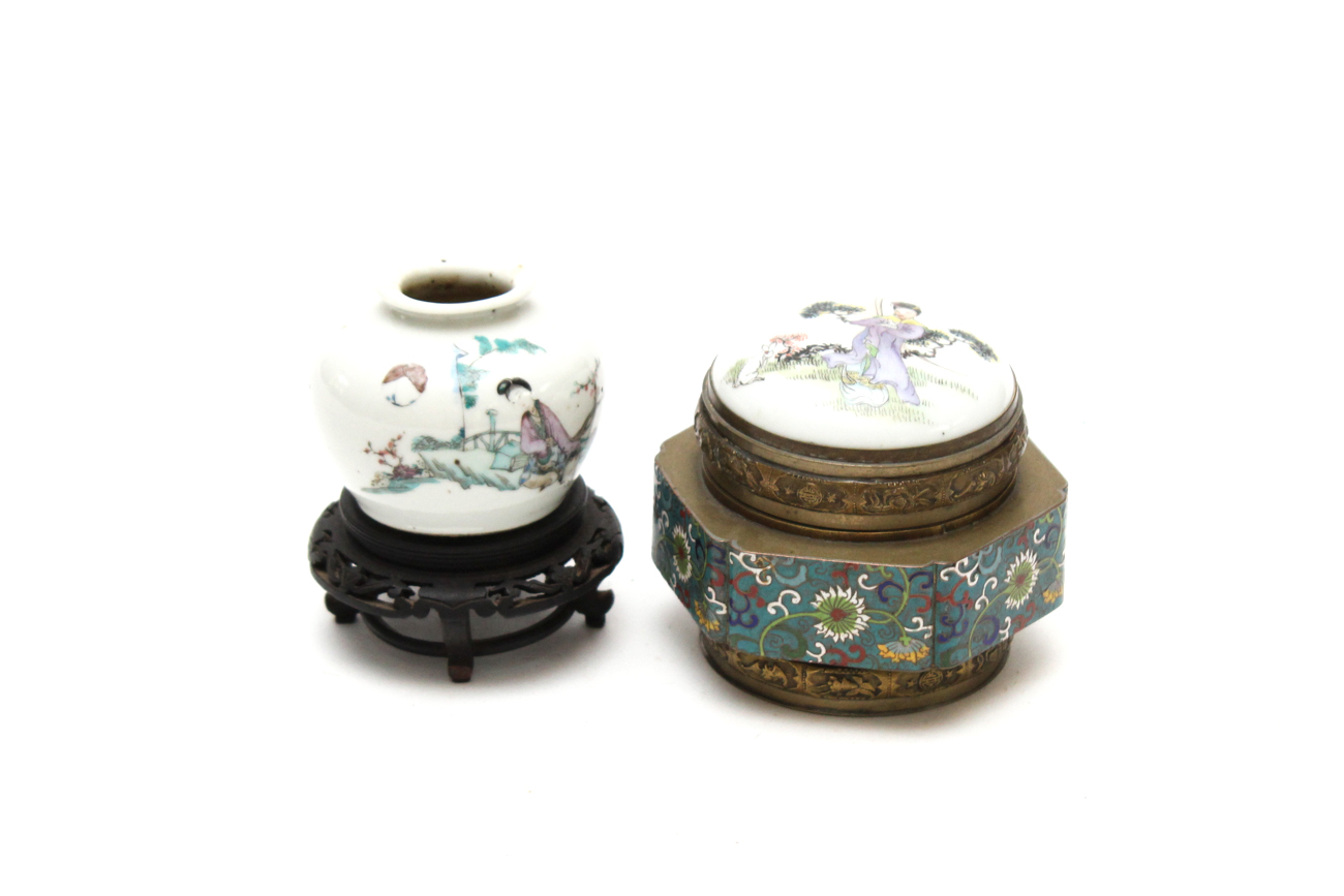 Chinese Porcelain Trinket Box With Enameled Brass Base and Small Vase