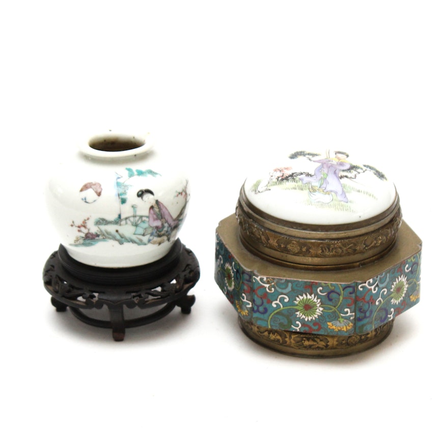 Chinese Porcelain Trinket Box With Enameled Brass Base and Small Vase