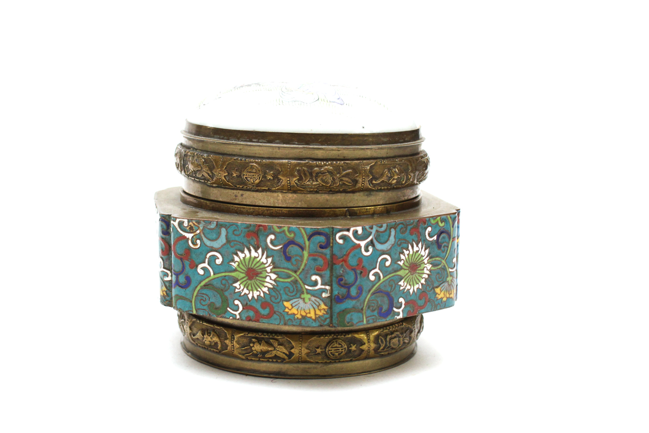 Chinese Porcelain Trinket Box With Enameled Brass Base and Small Vase