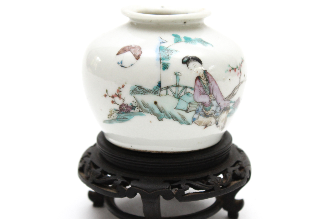 Chinese Porcelain Trinket Box With Enameled Brass Base and Small Vase