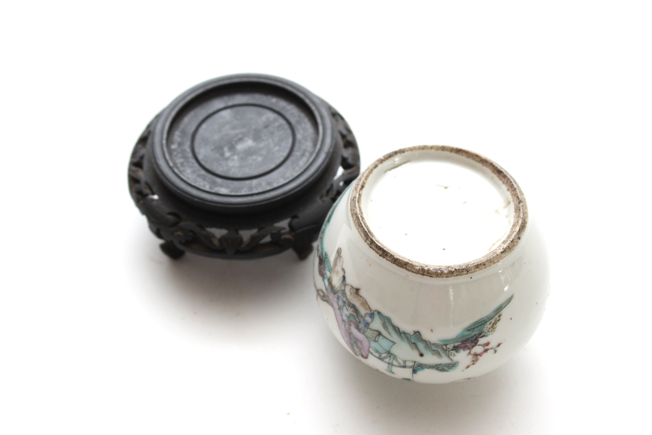 Chinese Porcelain Trinket Box With Enameled Brass Base and Small Vase