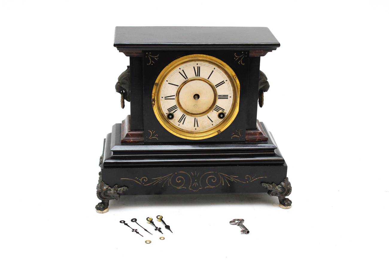 Antique Ansonia Cast Iron Mantle Clock With Lion Head Ornamentation