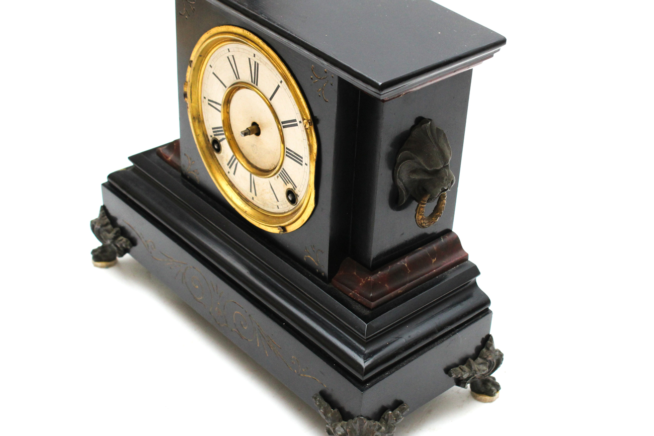 Antique Ansonia Cast Iron Mantle Clock With Lion Head Ornamentation