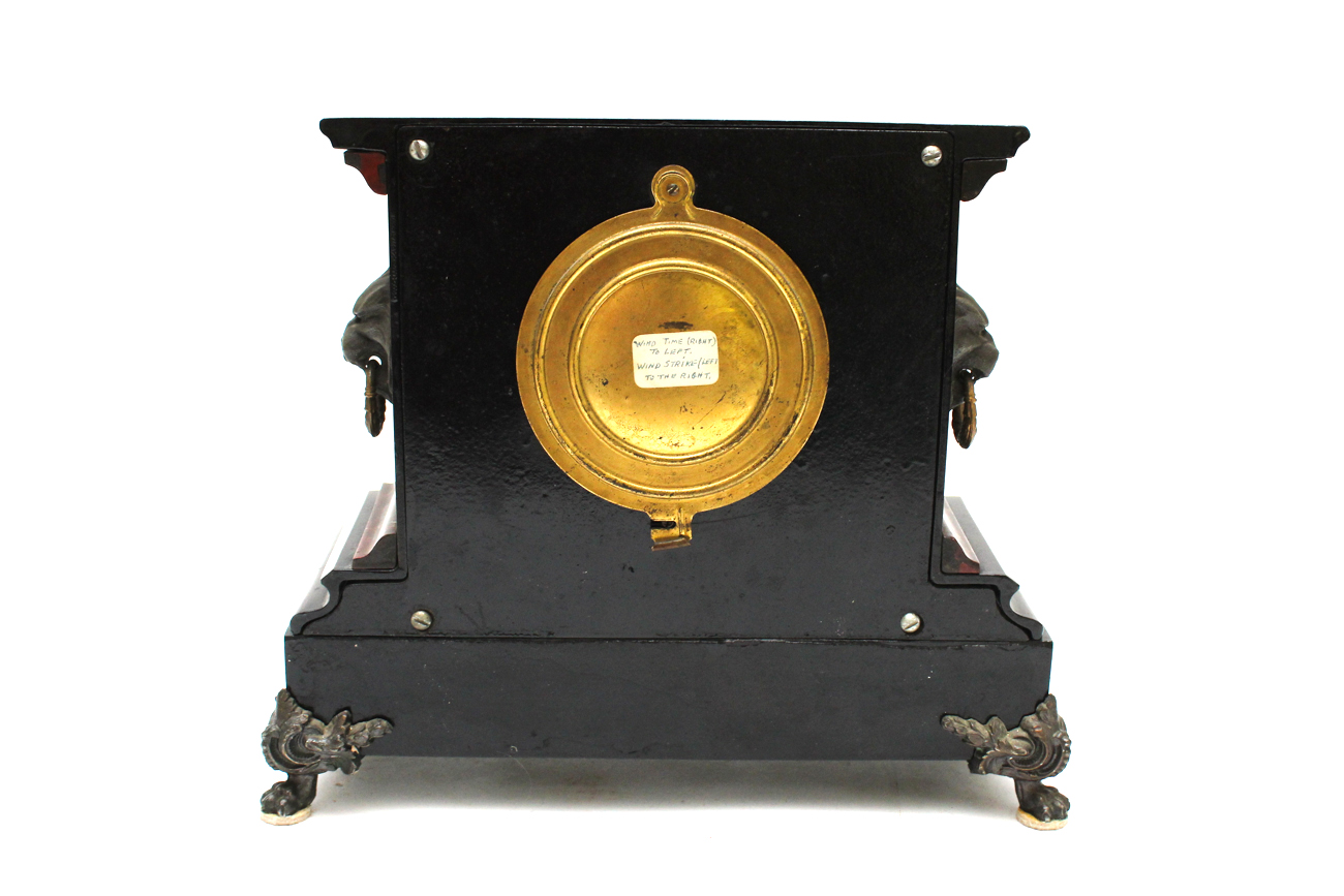 Antique Ansonia Cast Iron Mantle Clock With Lion Head Ornamentation