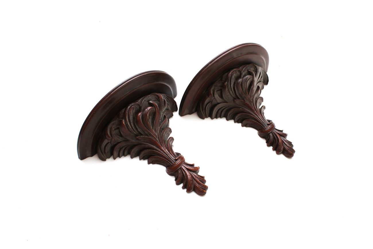 Pair of Solid Wood Wall Shelves With Deep Mahogany Stain