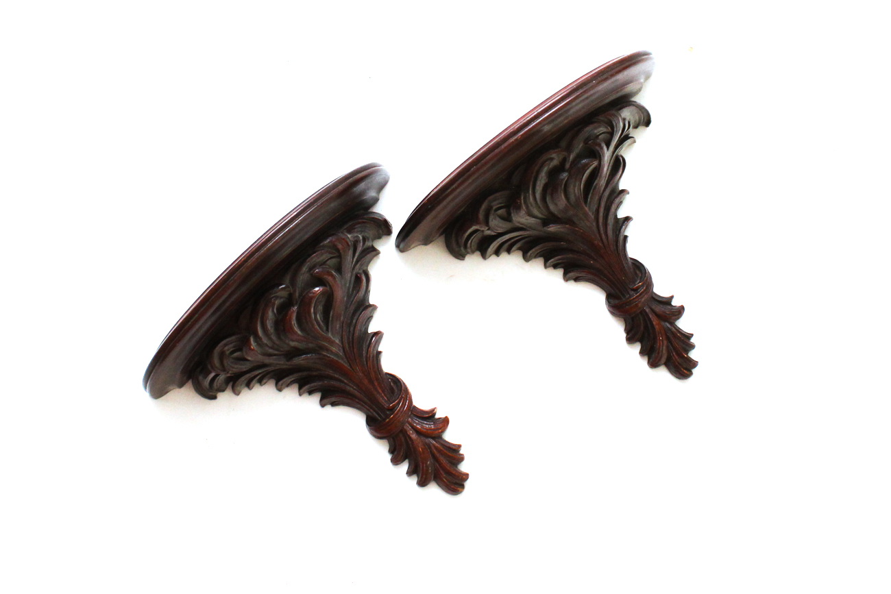 Pair of Solid Wood Wall Shelves With Deep Mahogany Stain