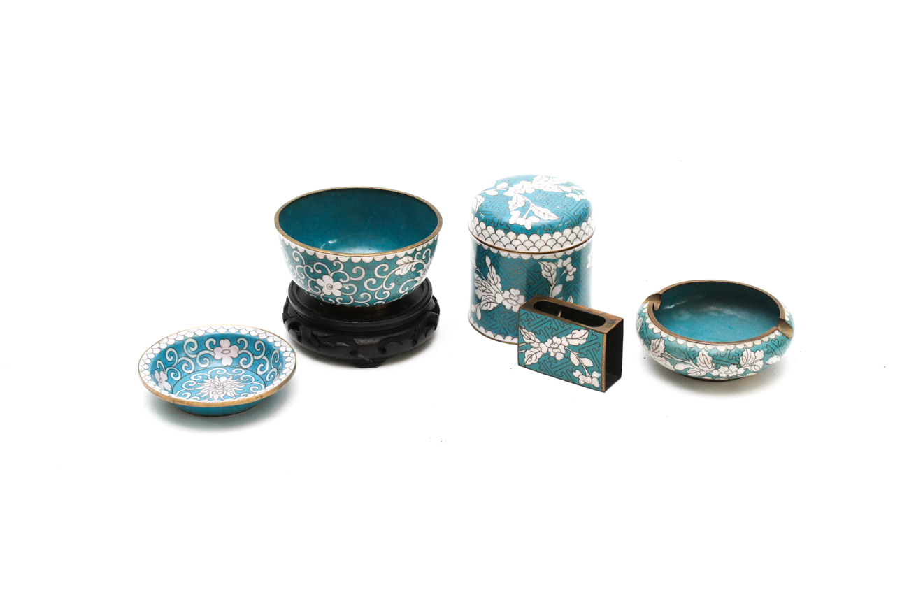 Chinese Cloisonné Smoking Set in Lotus Pattern