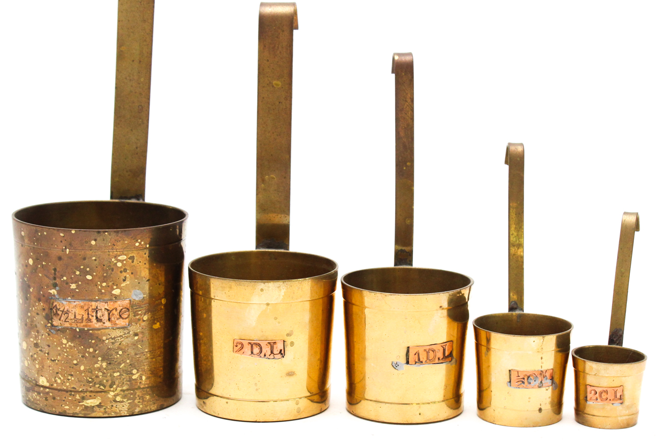 Vintage Brass Measuring Cups With Copper Labels