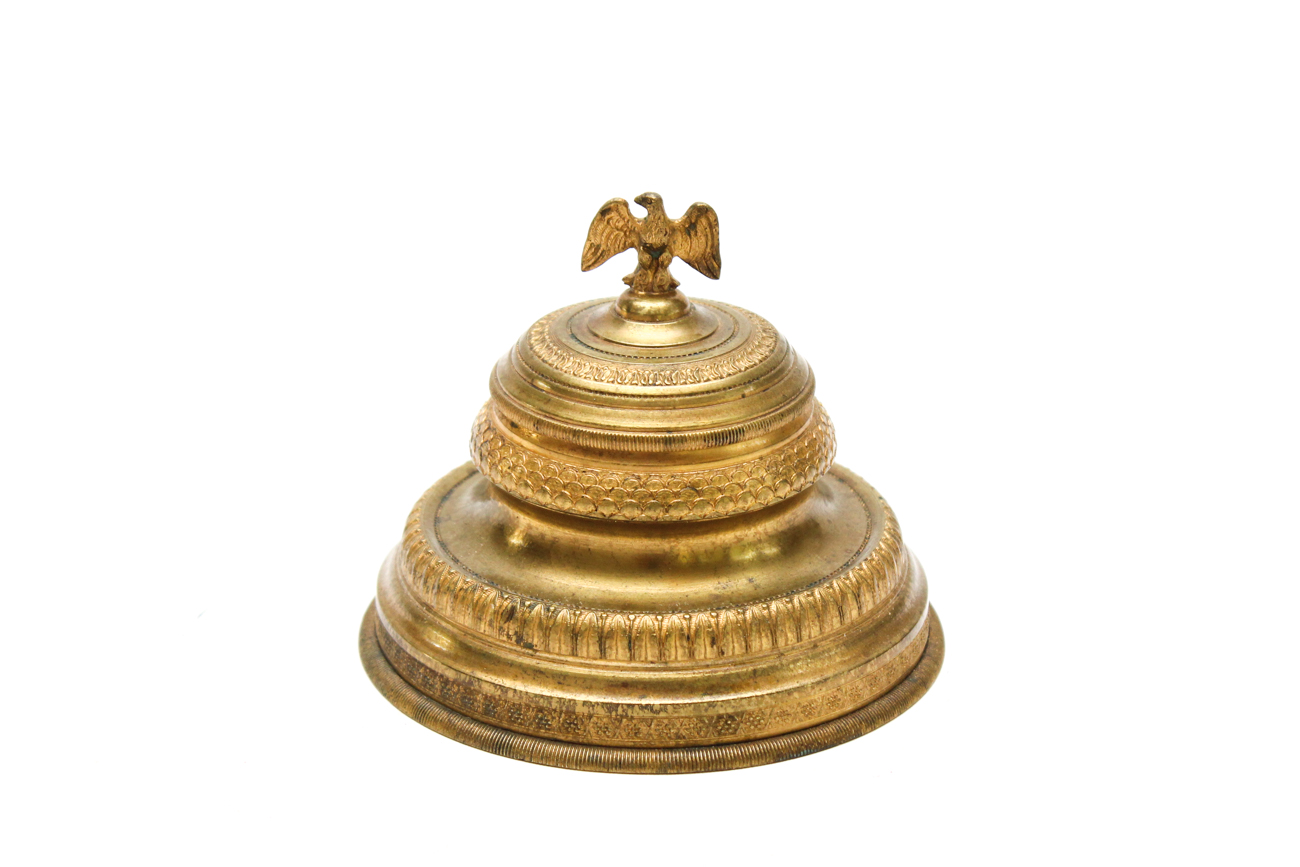 Ornate Antique Brass Inkwell With Eagle Finial