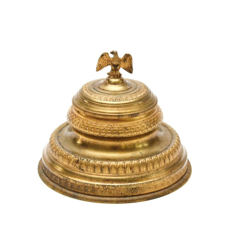 Ornate Antique Brass Inkwell With Eagle Finial