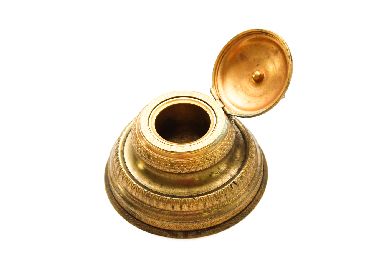 Ornate Antique Brass Inkwell With Eagle Finial