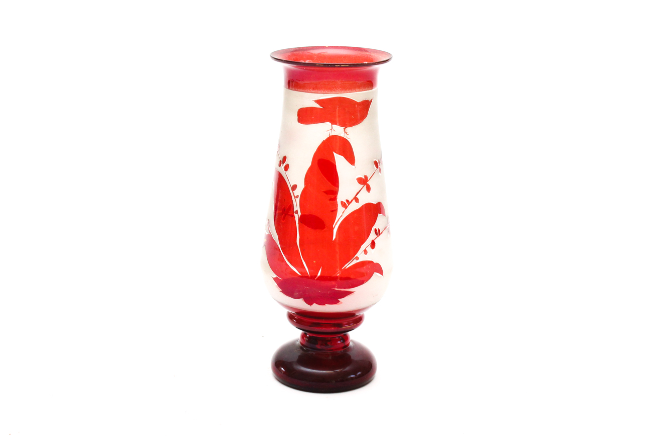Antique Hand-Blown Cranberry and Frosted Glass Vase