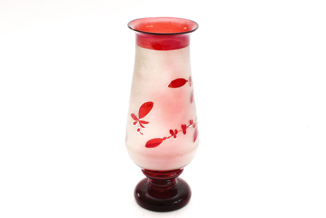 Antique Hand-Blown Cranberry and Frosted Glass Vase