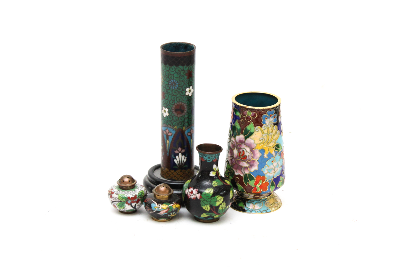 Cloisonné Vases With Salt and Pepper Shakers