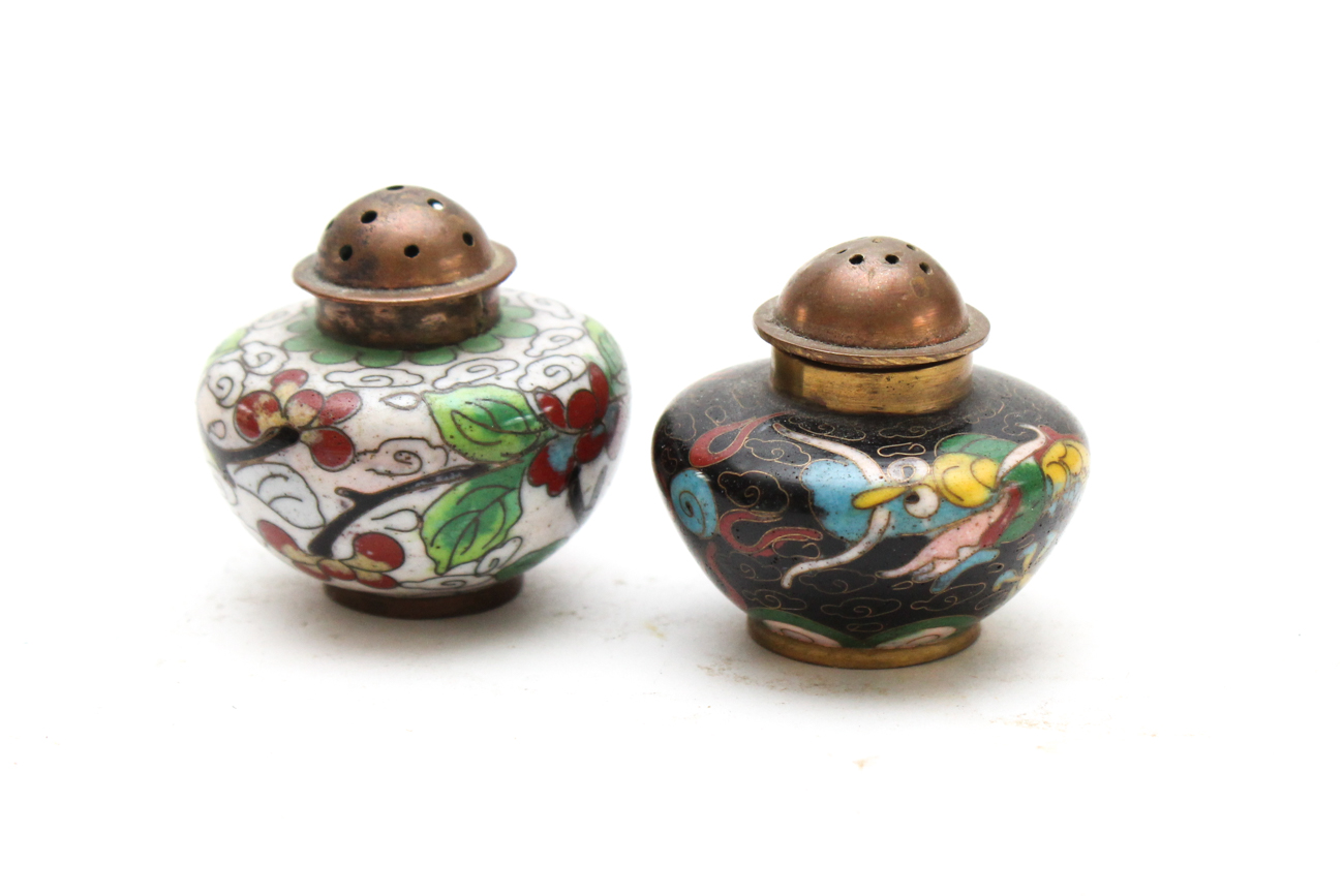 Cloisonné Vases With Salt and Pepper Shakers