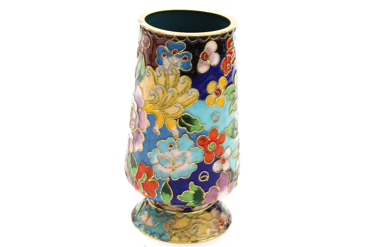 Cloisonné Vases With Salt and Pepper Shakers