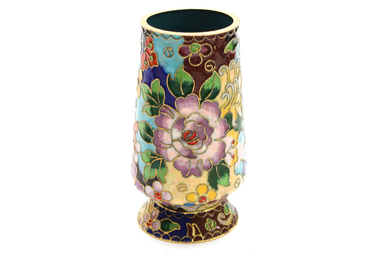 Cloisonné Vases With Salt and Pepper Shakers