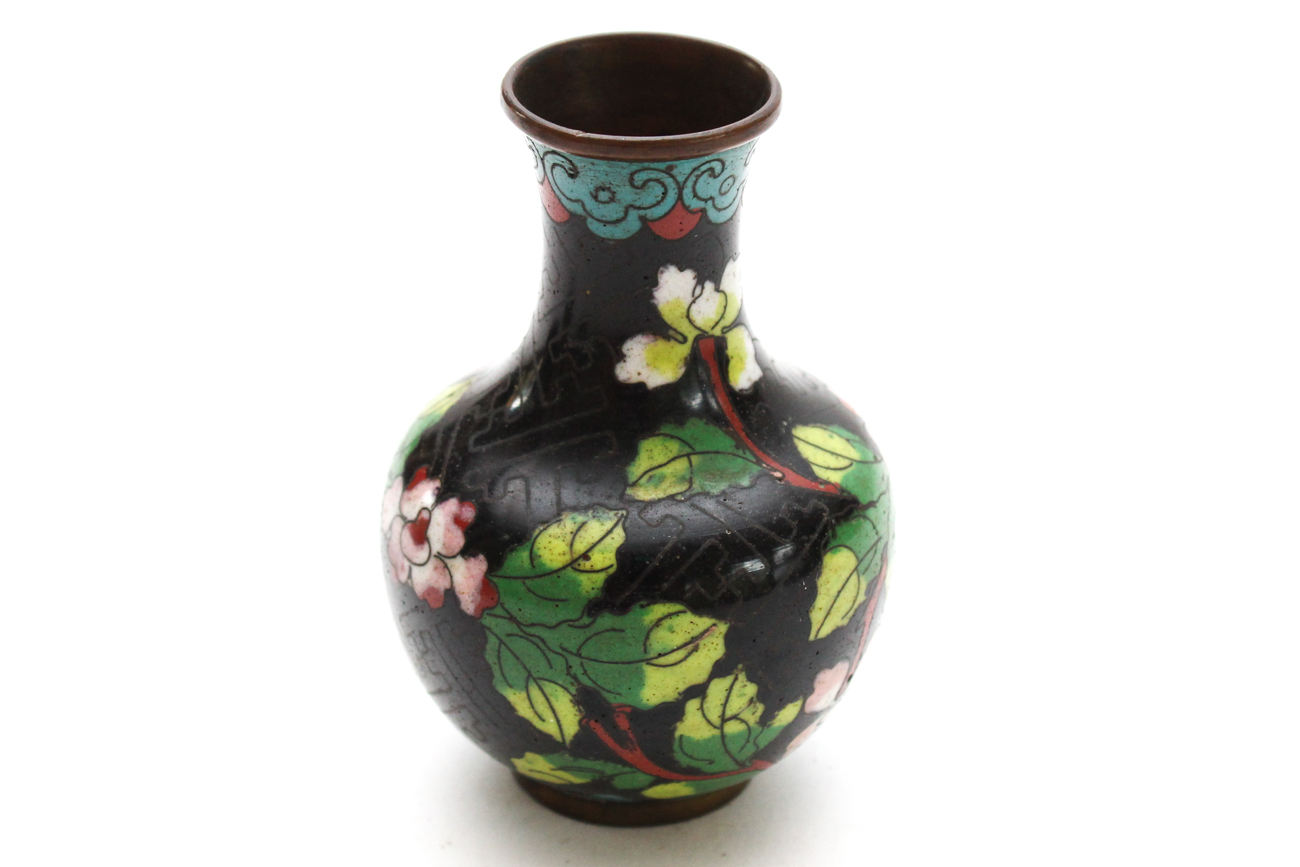 Cloisonné Vases With Salt and Pepper Shakers