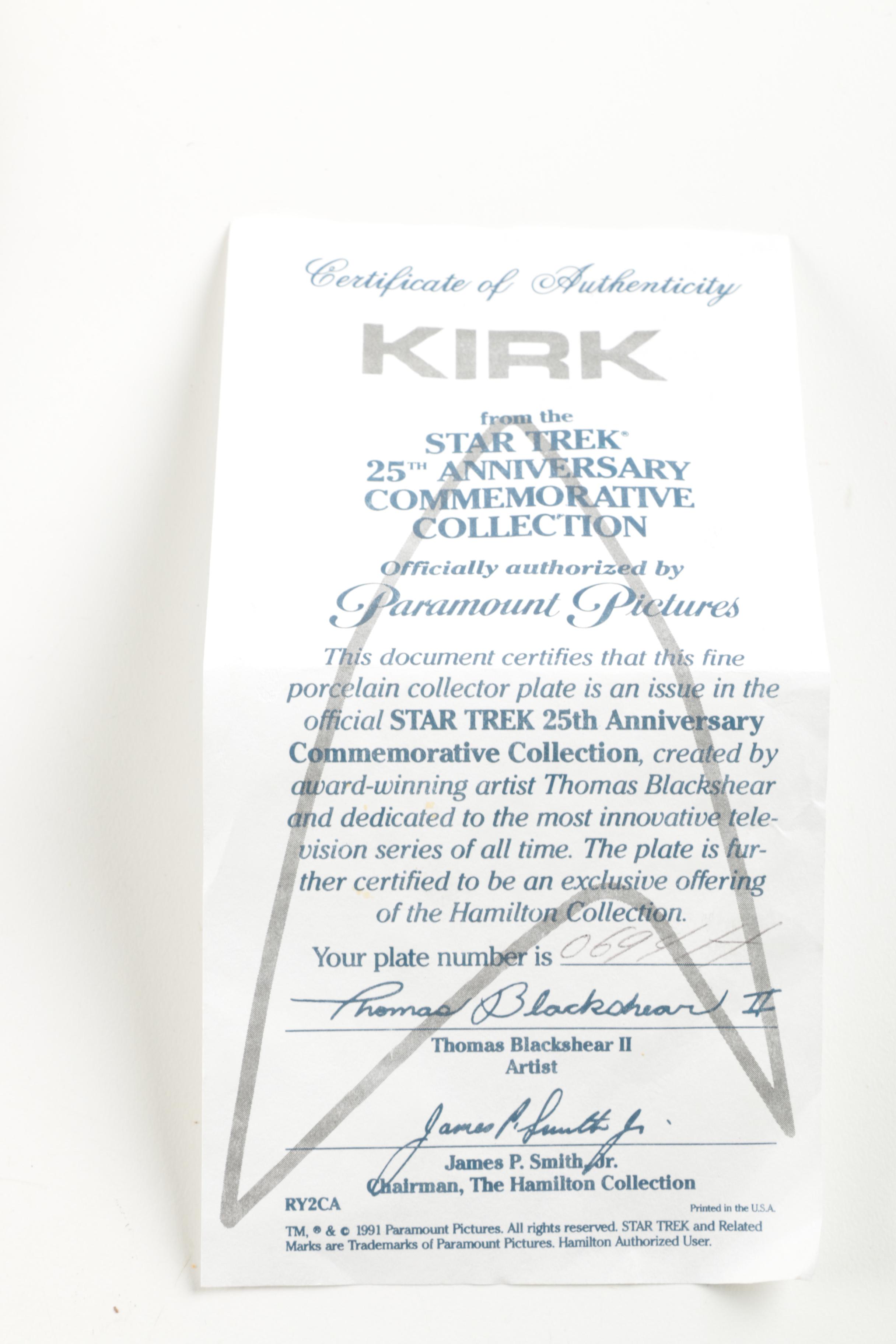 "Star Trek" Captain Kirk Commemorative Plate by the Hamilton Collection