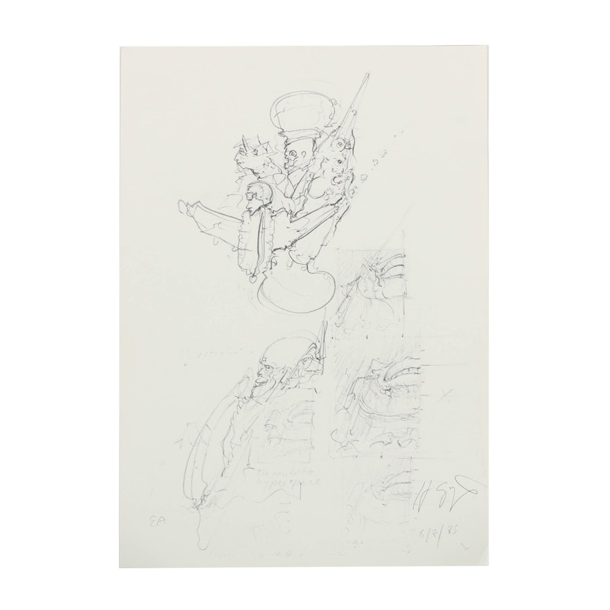 H. R. Giger Artist's Proof Halftone Print on Paper "Biomechanics Sketch"