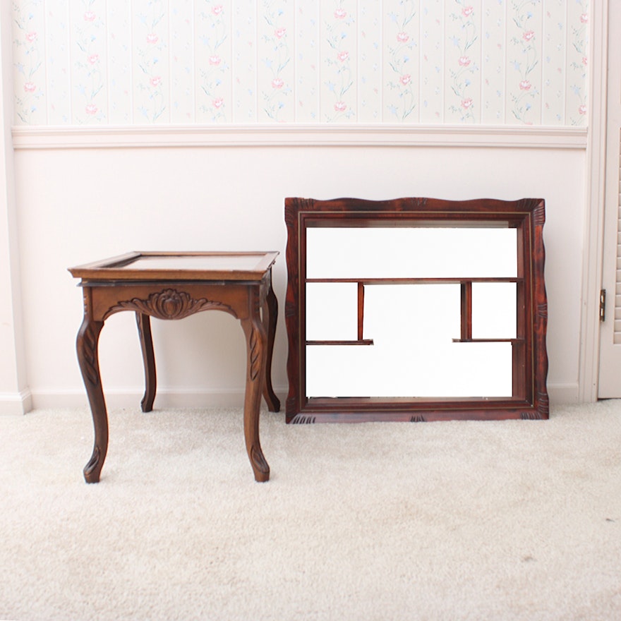 Vintage Marquetry Side Table and Wall Shelf With Mirror