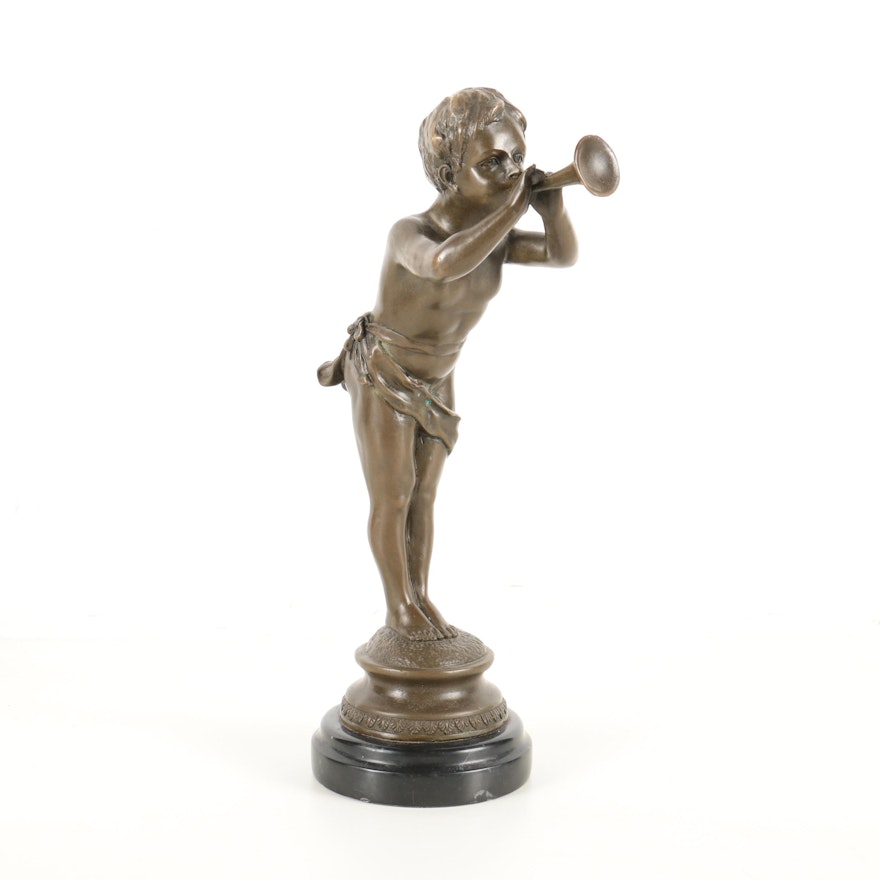 Reproduction Brass Sculpture of Louis Kley Boy Blowing Horn