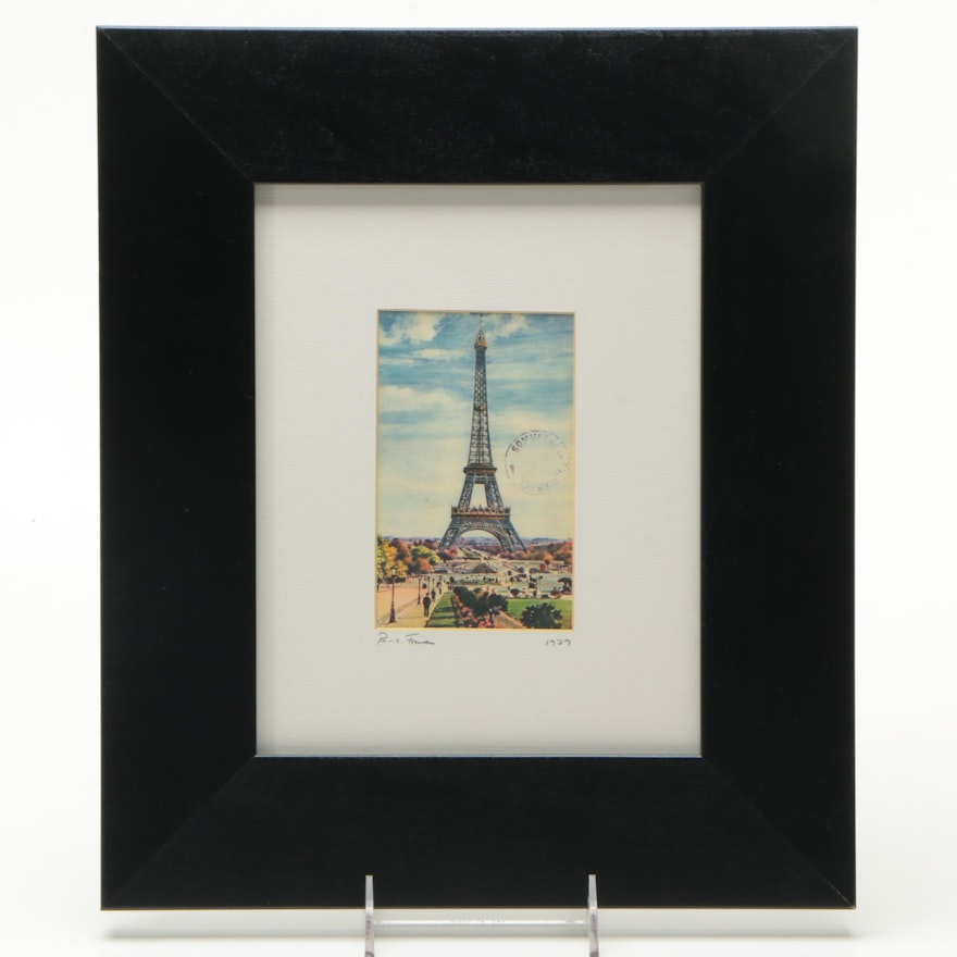 Vintage Color Postcard Of The Eiffel Tower In Open-Backed Frame