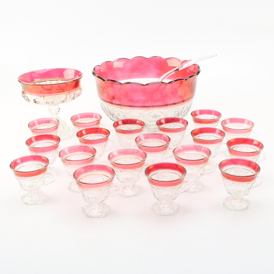 Red and Clear Glass Punch Bowl Set