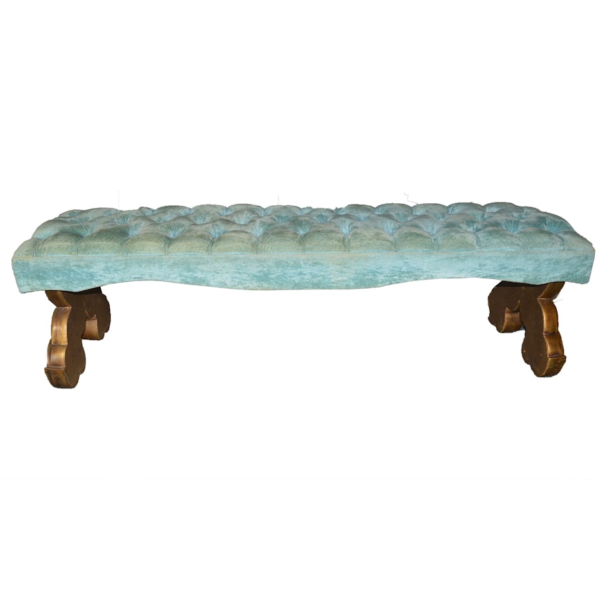 Button-Tufted Blue Velvet Bench