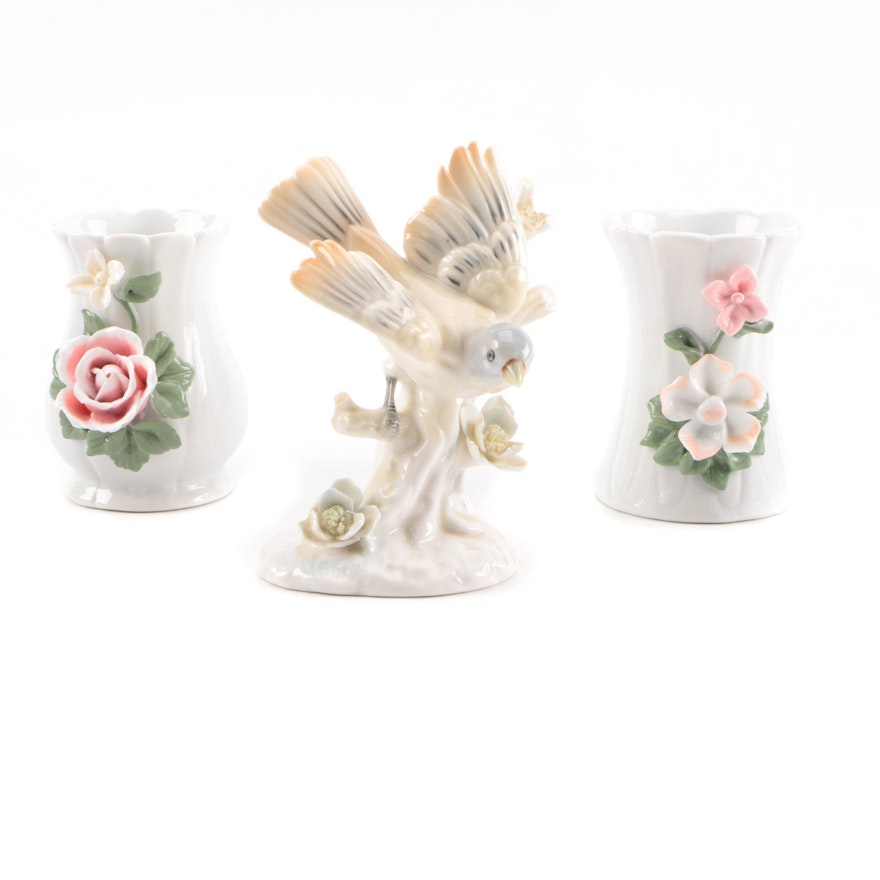 Pair of Vintage Porcelain Floral Vases with a Bird Figurine