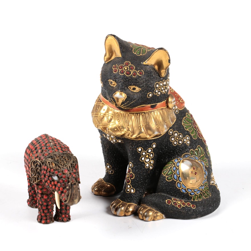 Japanese Ceramic Cat and Tibetan Style Brass Elephant Figures