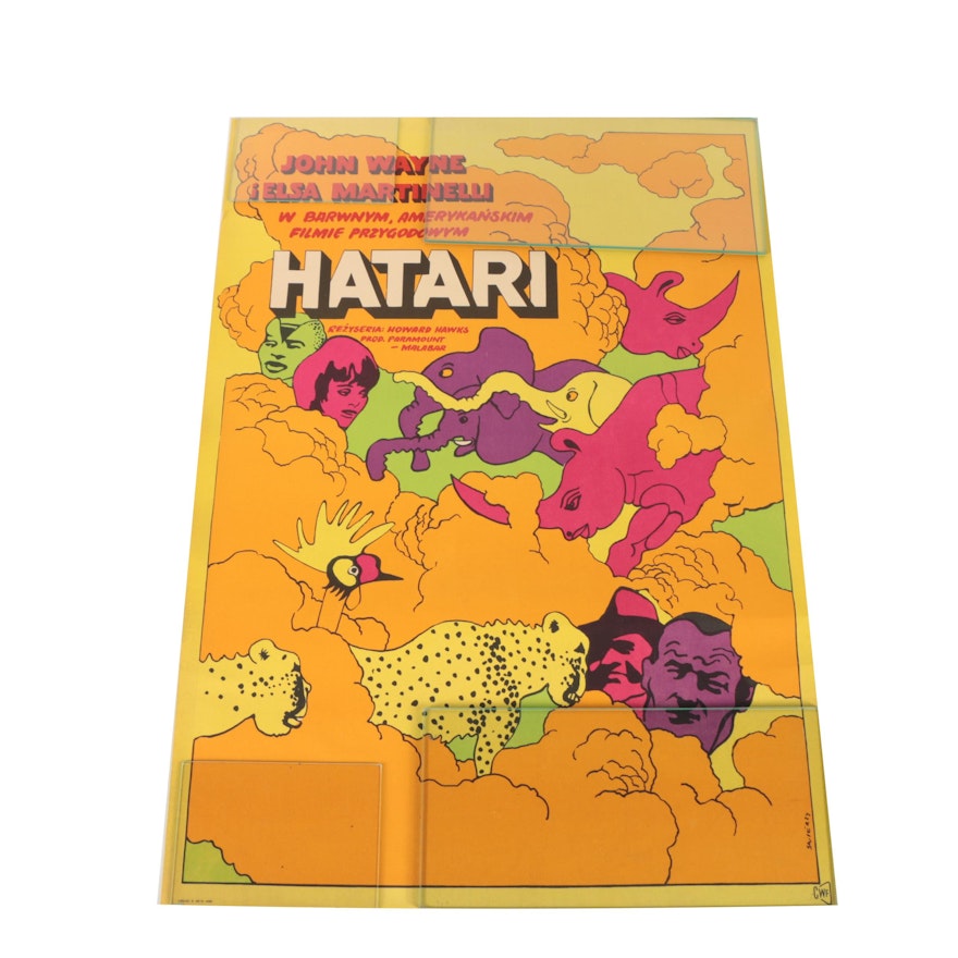 Vintage Polish Lithograph Film Poster on Paper "Hatari!"