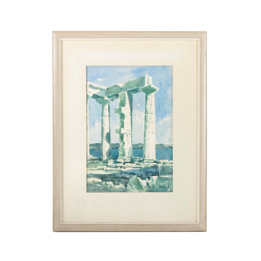 Signed Watercolor On Paper of Greek Ruins