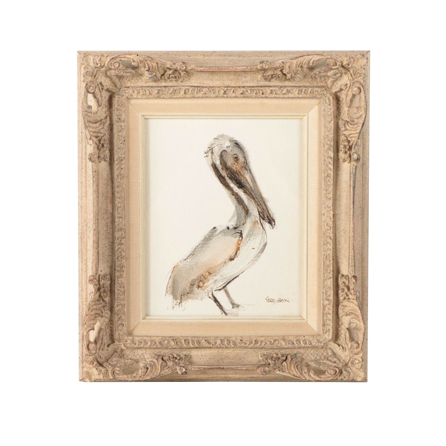 Signed Watercolor on Textured Paper of a Pelican