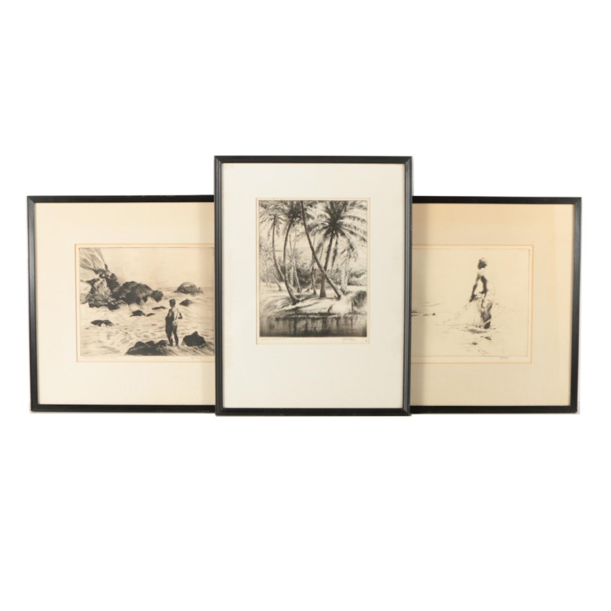 Collection of John Kelly Dry Point Etchings on Paper Hawaiian Scenes