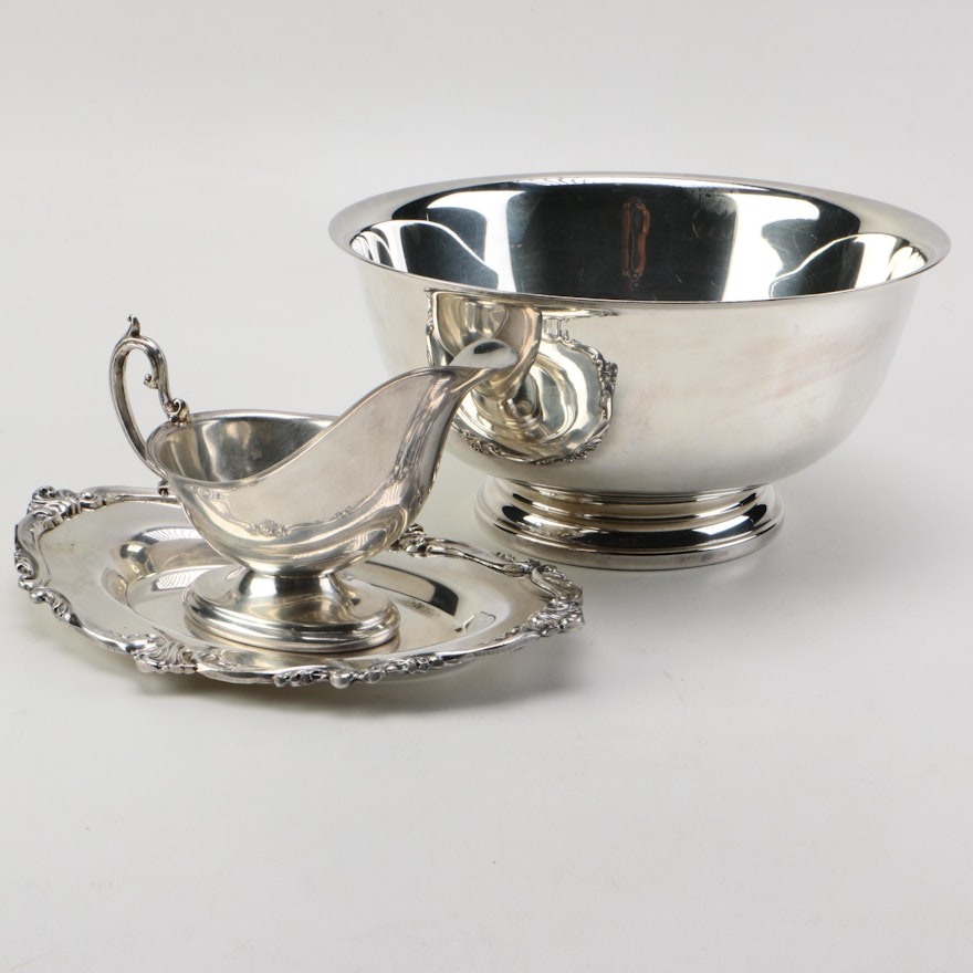 Gorham "Paul Revere" Silver Plate Bowl and Gravy Boat with Tray