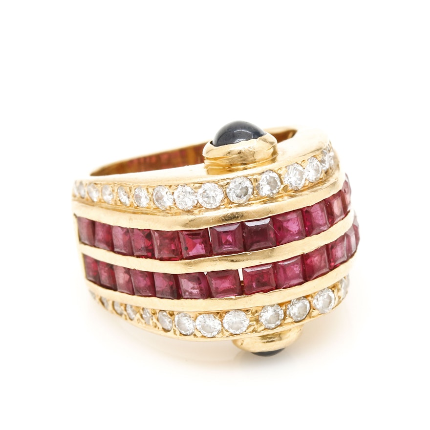 18K Yellow Gold Ruby, Sapphire, and 1.04 CTW Diamond Ring