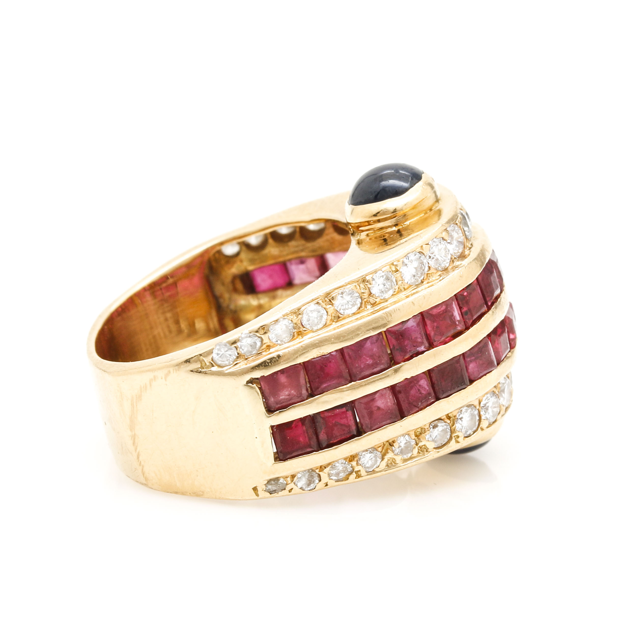 18K Yellow Gold Ruby, Sapphire, and 1.04 CTW Diamond Ring