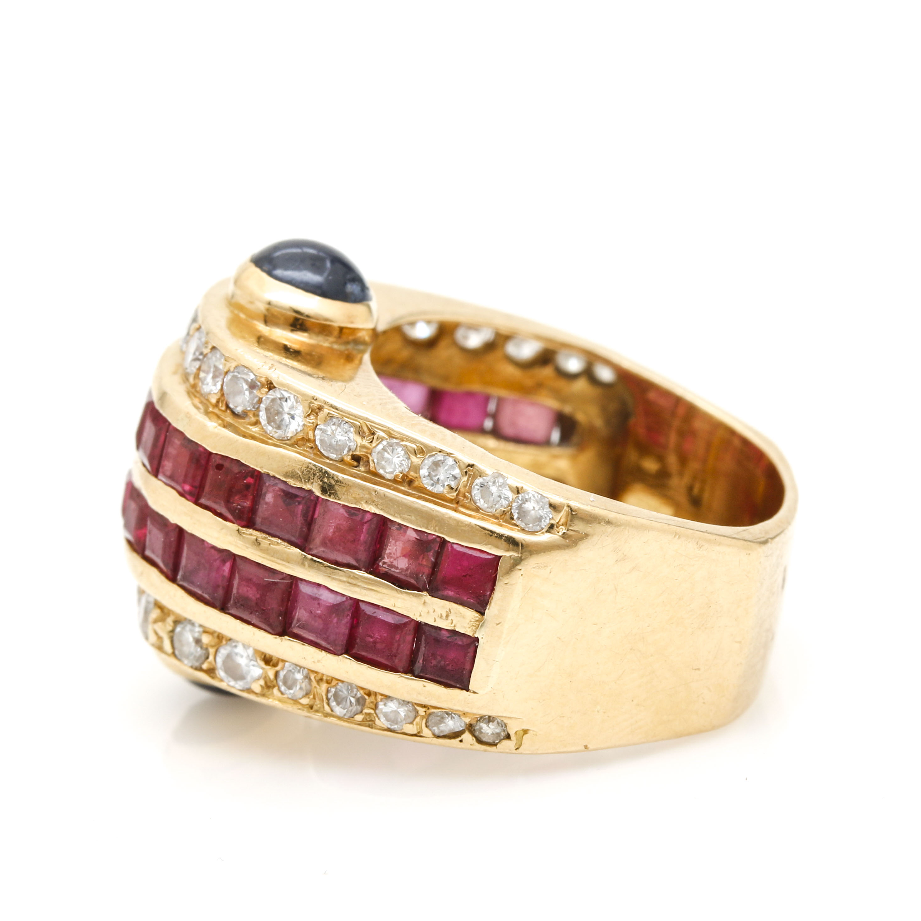 18K Yellow Gold Ruby, Sapphire, and 1.04 CTW Diamond Ring