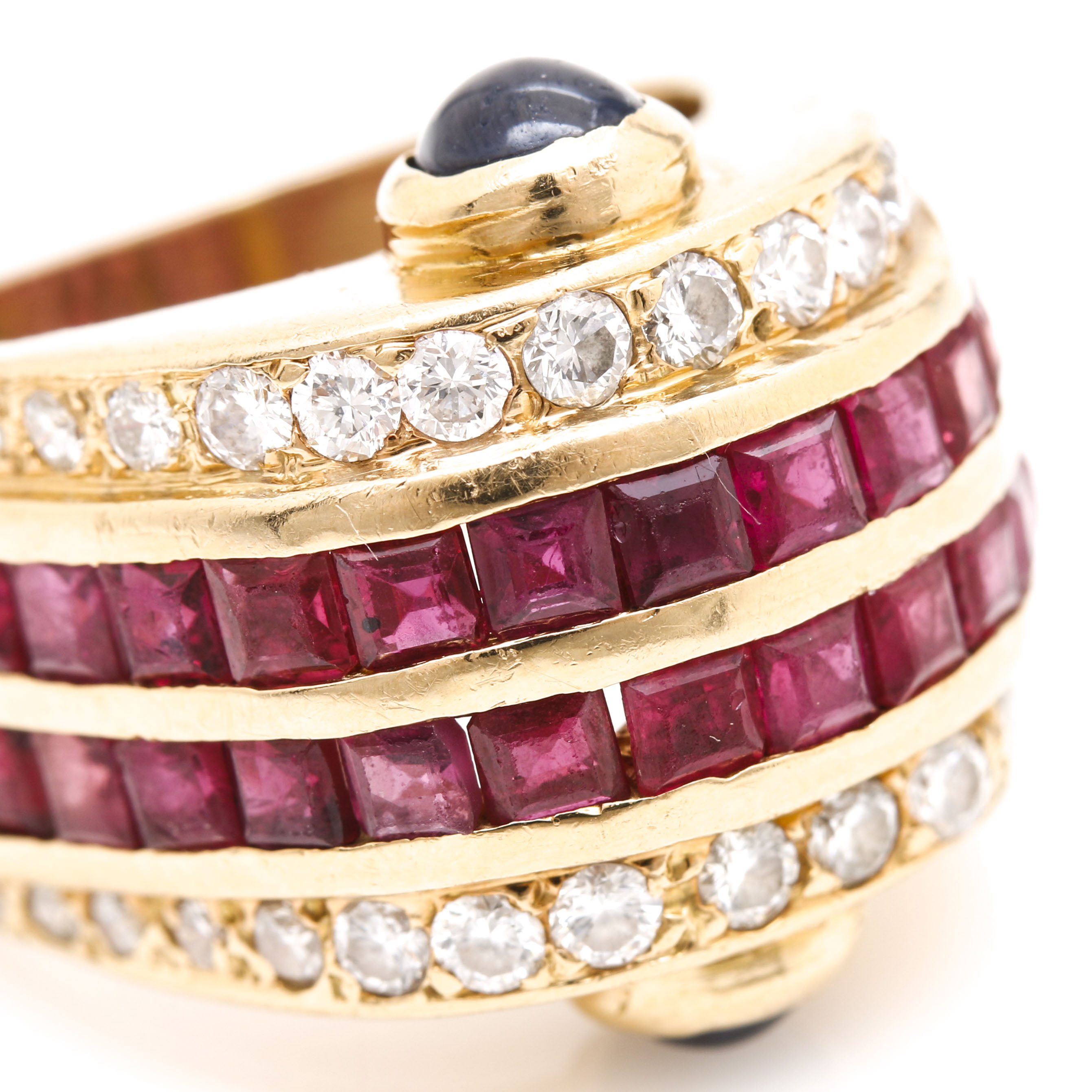 18K Yellow Gold Ruby, Sapphire, and 1.04 CTW Diamond Ring
